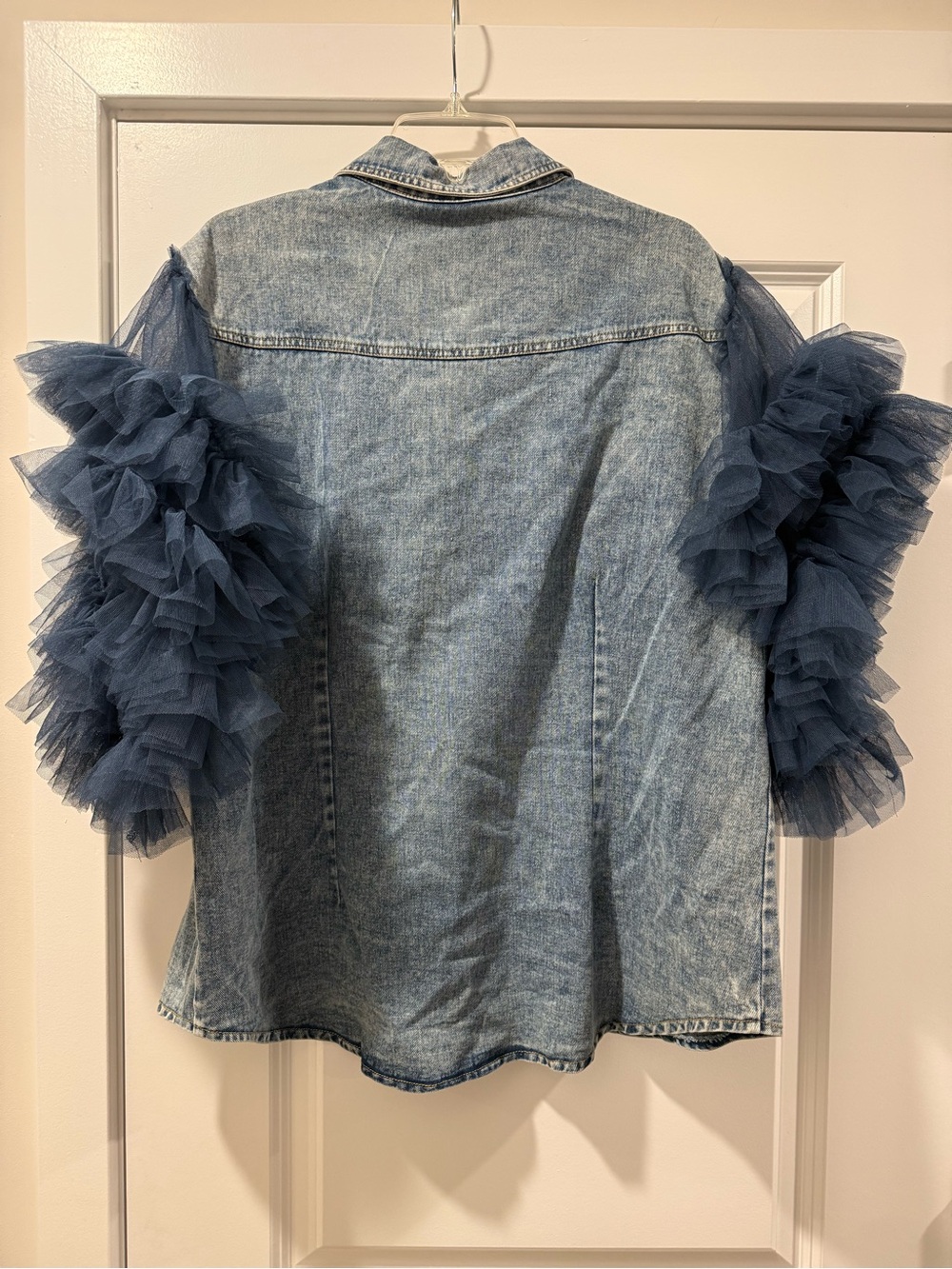 Gritty Soul Denim Shirt with Navy Tulle Ruffle Sleeves - Picture 2 of 8